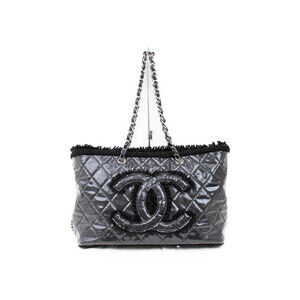 Chanel Patent Vernis Toilette Chain Tote Bag Black Fur Tweed Coco Mark
